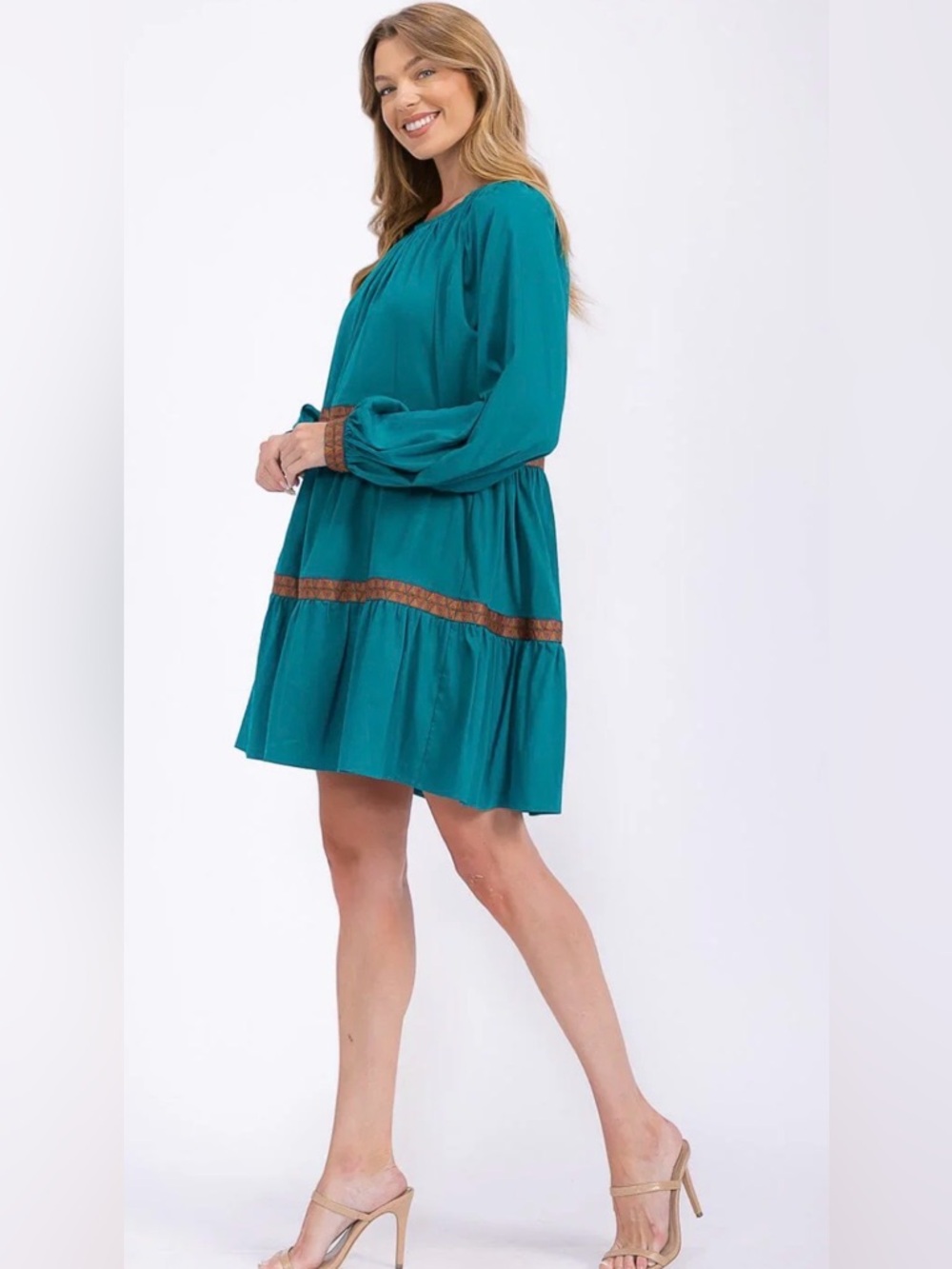 Strut & Bolt Teal Tiered Mini Dress with Contrast Trim, Size Small NWT